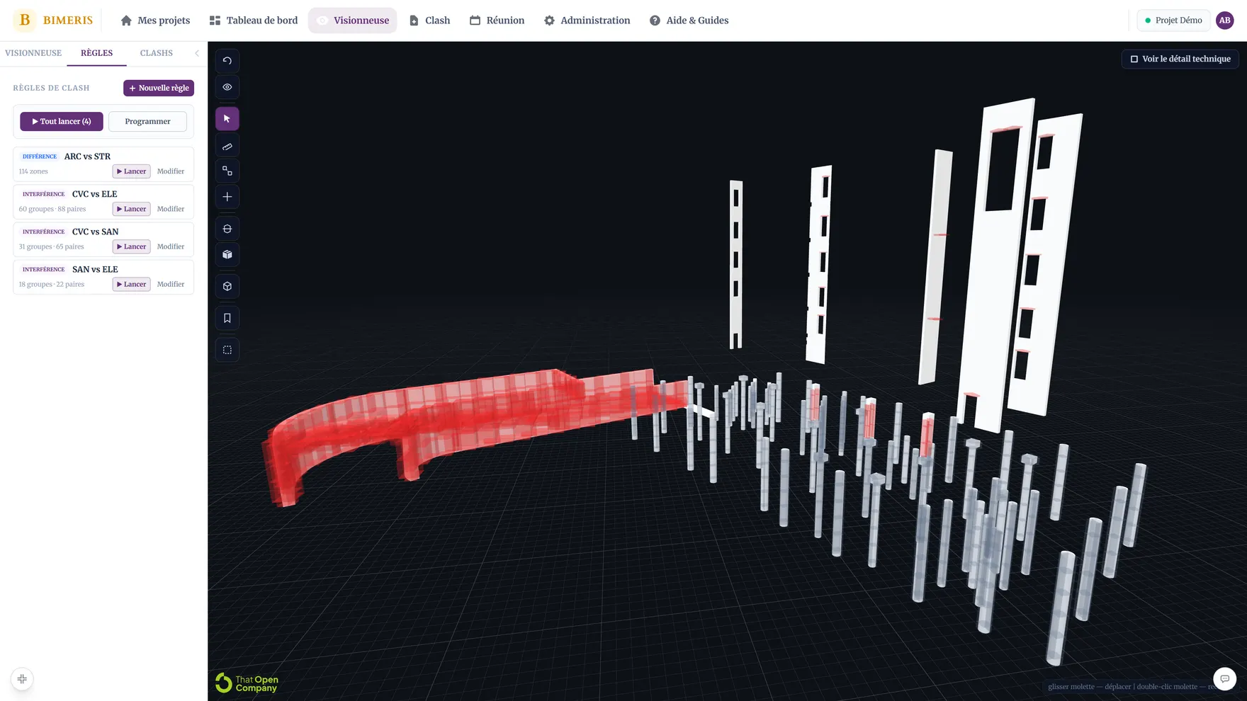 Règle de différence ARC vs STR active dans BIMERIS : 114 zones d’écart détectées entre la maquette architecte et la maquette structure, avec la zone affichée en rouge dans la vue 3D